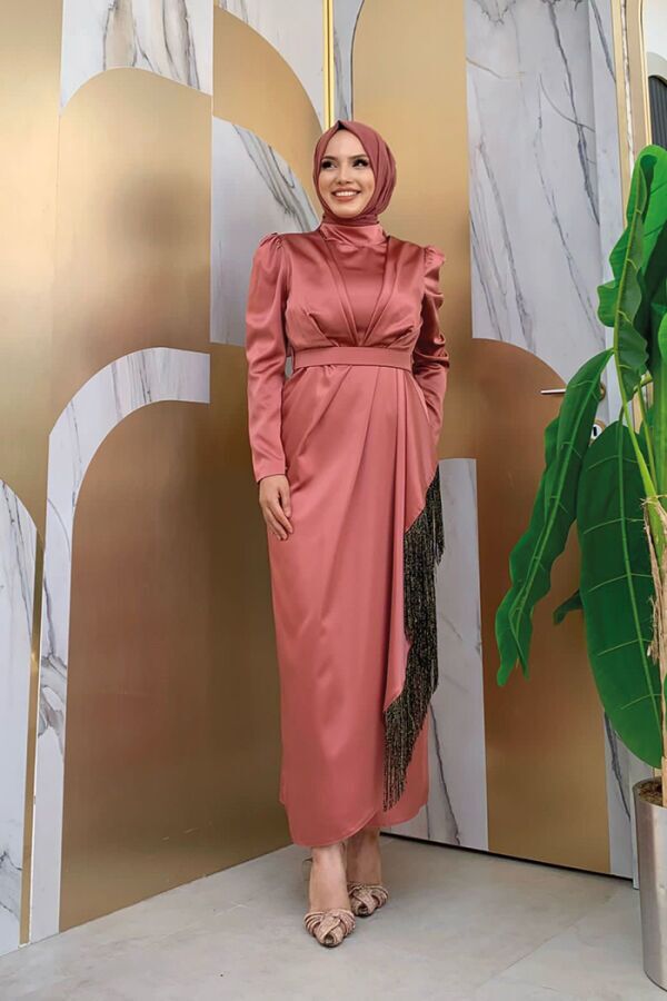 Etek Püskül Detay Kemer Aksesuarlı Saten Abiye Elbise 3763 gülkurusu siyah - 4