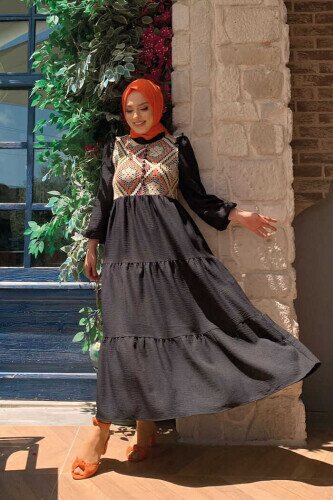 Etnik Desen Meleni Dantel Detaylı Elbise 3841 Siyah 