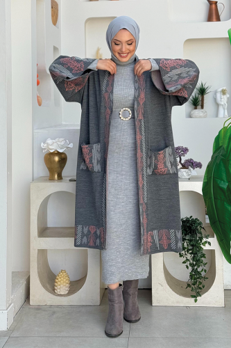 Etnik Desenli Cepli Triko Hırka 12003 Füme - Bym Fashion