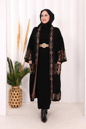 Etnik Desenli Cepli Triko Hırka 12003 Siyah - Bym Fashion