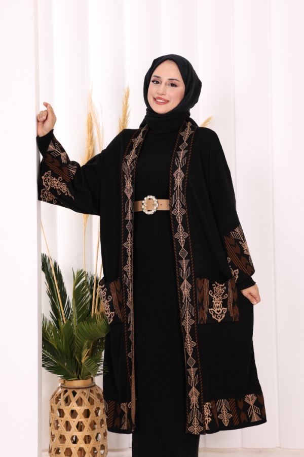 Etnik Desenli Cepli Triko Hırka 12003 Siyah - 4