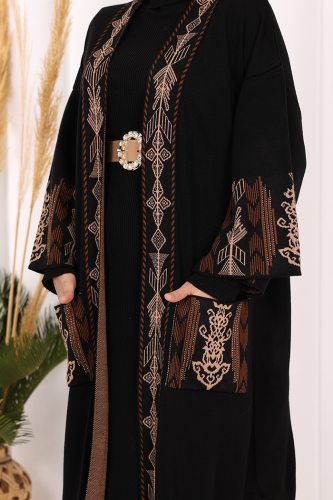 Etnik Desenli Cepli Triko Hırka 12003 Siyah - 5