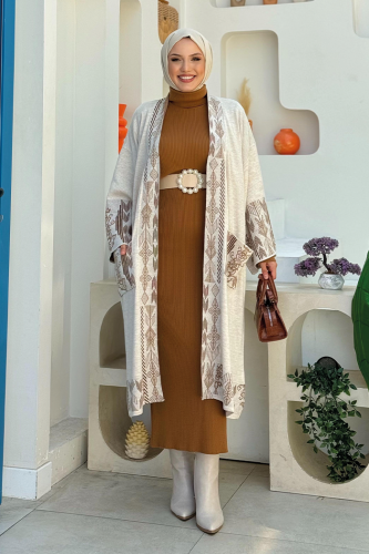 Etnik Desenli Cepli Triko Hırka 12003 Taş - Bym Fashion