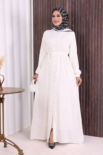 Boydan Düğmeli Ferace 6056 Ekru - Bym Fashion