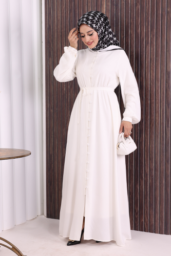 Boydan Düğmeli Ferace 6056 Ekru - 2
