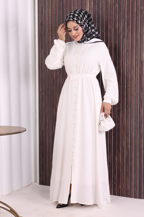 Boydan Düğmeli Ferace 6056 Ekru - 2