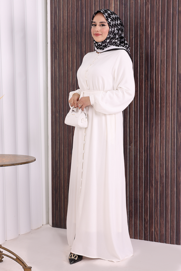 Boydan Düğmeli Ferace 6056 Ekru - 3