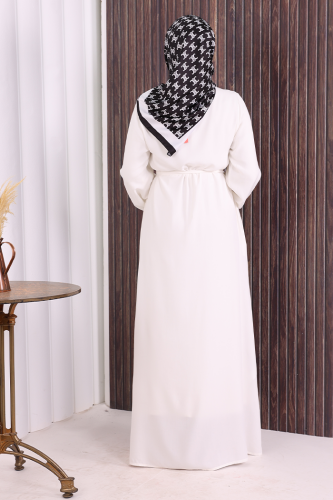 Boydan Düğmeli Ferace 6056 Ekru - 4