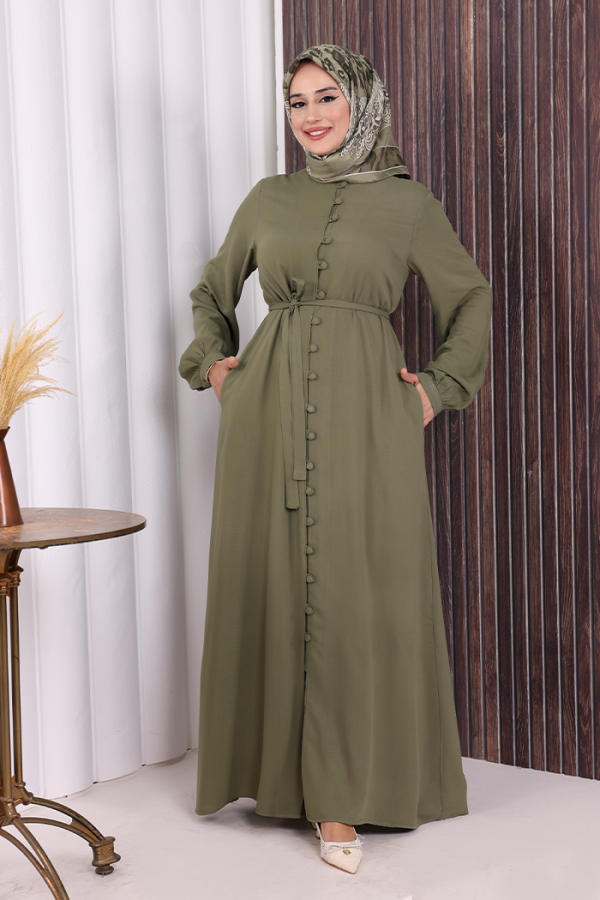 Boydan Düğmeli Ferace 6056 Haki - 2
