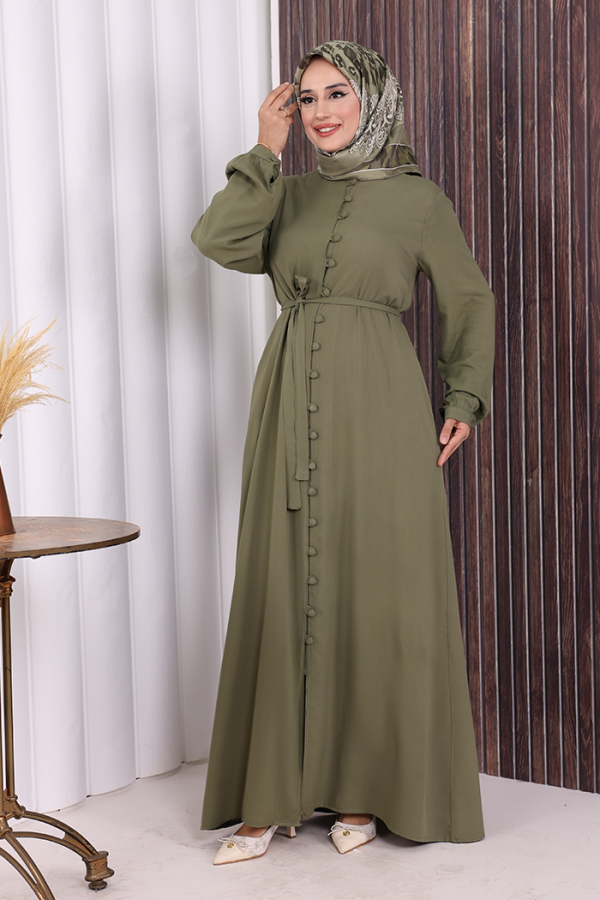 Boydan Düğmeli Ferace 6056 Haki - 3