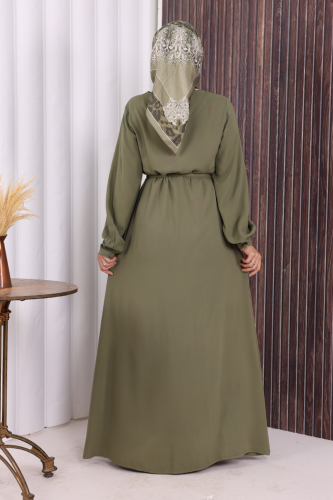 Boydan Düğmeli Ferace 6056 Haki - 5