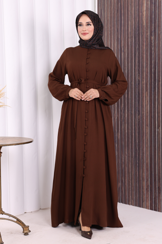 Boydan Düğmeli Ferace 6056 Kahverengi - 2