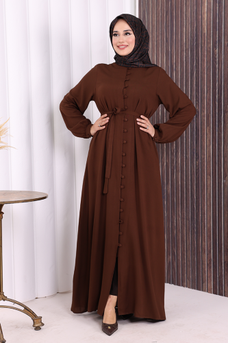 Boydan Düğmeli Ferace 6056 Kahverengi - 3
