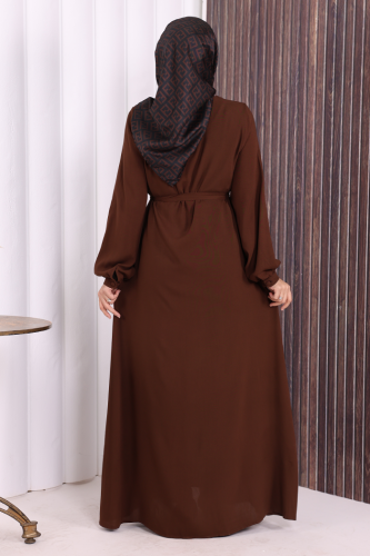 Boydan Düğmeli Ferace 6056 Kahverengi - 5