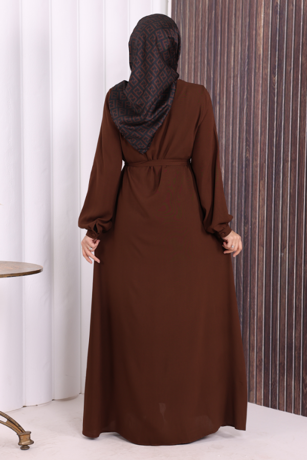 Boydan Düğmeli Ferace 6056 Kahverengi - 5