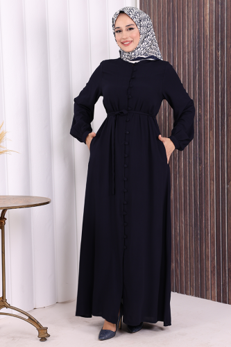 Boydan Düğmeli Ferace 6056 Lacivert - 2