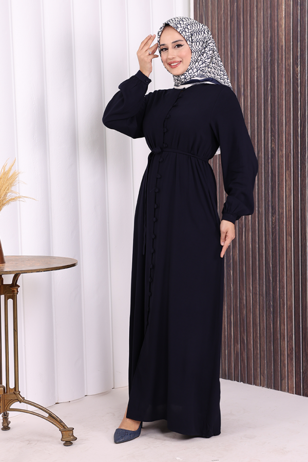 Boydan Düğmeli Ferace 6056 Lacivert - 3