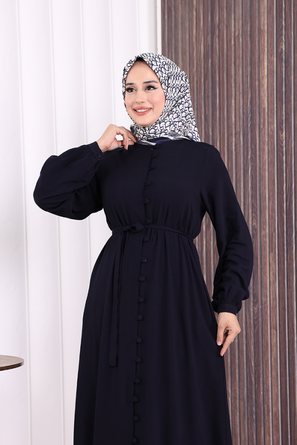 Boydan Düğmeli Ferace 6056 Lacivert - 5