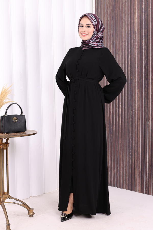 Boydan Düğmeli Ferace 6056 Siyah - 3