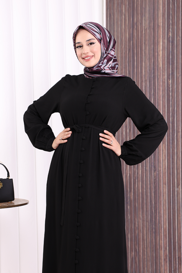 Boydan Düğmeli Ferace 6056 Siyah - 5