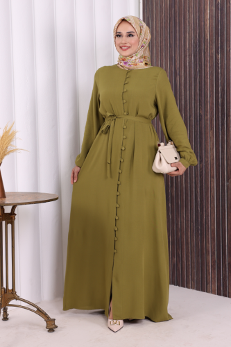 Boydan Düğmeli Ferace 6056 Yağ Yeşili - Bym Fashion