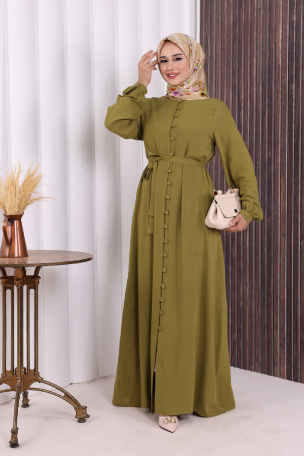 Boydan Düğmeli Ferace 6056 Yağ Yeşili - 2