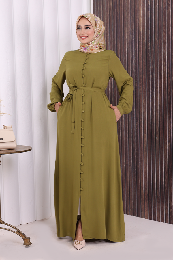 Boydan Düğmeli Ferace 6056 Yağ Yeşili - 3