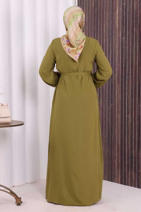 Boydan Düğmeli Ferace 6056 Yağ Yeşili - 5