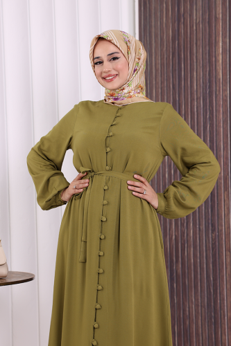 Boydan Düğmeli Ferace 6056 Yağ Yeşili - 6