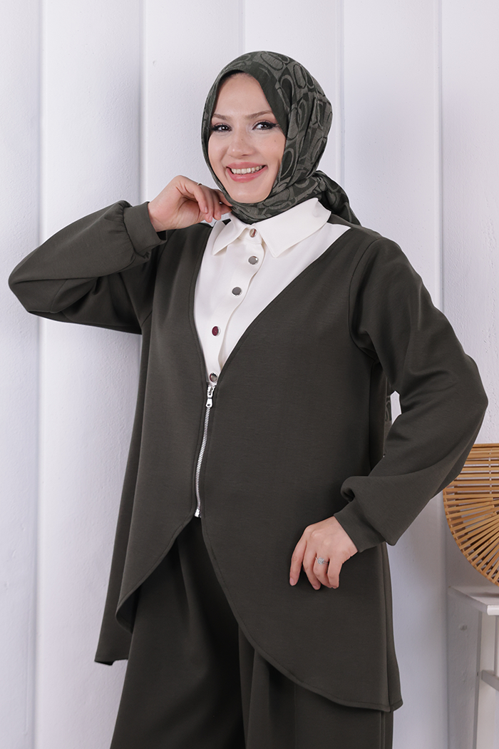 Fermuarlı Garnili İkili Takım 1208 Haki - 5