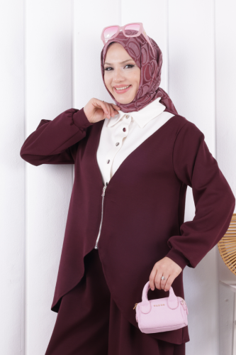 Fermuarlı Garnili İkili Takım 1208 Mürdüm - 5