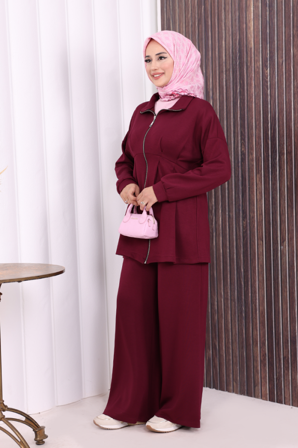 Fermuarlı İkili Oysho Takım 6058 Bordo - 4