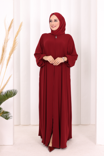 Fermuarlı Kol Manşetleri Büzgülü Mevlana Ferace 6007 Bordo - Bym Fashion