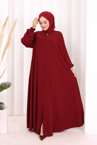 Fermuarlı Kol Manşetleri Büzgülü Mevlana Ferace 6007 Bordo - 2