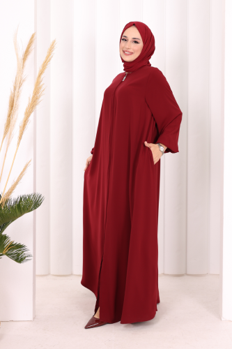 Fermuarlı Kol Manşetleri Büzgülü Mevlana Ferace 6007 Bordo - 3