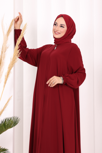 Fermuarlı Kol Manşetleri Büzgülü Mevlana Ferace 6007 Bordo - 5