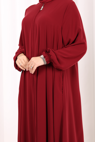 Fermuarlı Kol Manşetleri Büzgülü Mevlana Ferace 6007 Bordo - 6