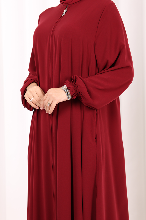 Fermuarlı Kol Manşetleri Büzgülü Mevlana Ferace 6007 Bordo - 6