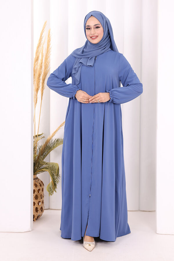 Fermuarlı Kol Manşetleri Büzgülü Mevlana Ferace 6007 İndigo - 1