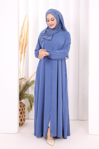 Fermuarlı Kol Manşetleri Büzgülü Mevlana Ferace 6007 İndigo - 2
