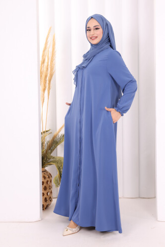 Fermuarlı Kol Manşetleri Büzgülü Mevlana Ferace 6007 İndigo - 3