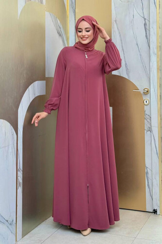 Fermuarlı Kol Manşetleri Büzgülü Mevlana Ferace 6007 Pudra - Bym Fashion