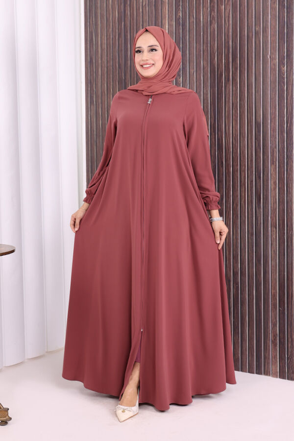 Fermuarlı Kol Manşetleri Büzgülü Mevlana Ferace 6007 Pudra - 1