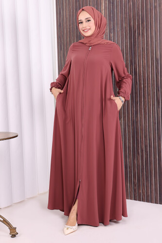 Fermuarlı Kol Manşetleri Büzgülü Mevlana Ferace 6007 Pudra - 2