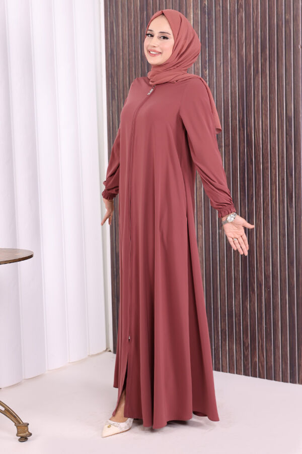 Fermuarlı Kol Manşetleri Büzgülü Mevlana Ferace 6007 Pudra - 3