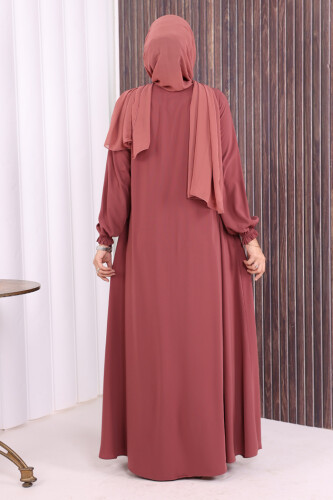 Fermuarlı Kol Manşetleri Büzgülü Mevlana Ferace 6007 Pudra - 4