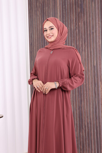 Fermuarlı Kol Manşetleri Büzgülü Mevlana Ferace 6007 Pudra - 5