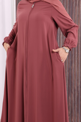 Fermuarlı Kol Manşetleri Büzgülü Mevlana Ferace 6007 Pudra - 6