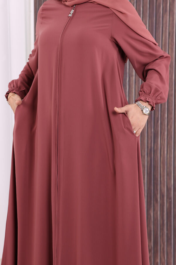 Fermuarlı Kol Manşetleri Büzgülü Mevlana Ferace 6007 Pudra - 6