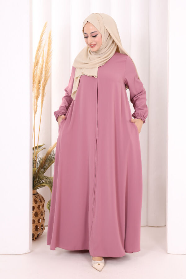 Fermuarlı Kol Manşetleri Büzgülü Mevlana Ferace 6007 Pudra - 1